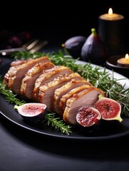 Sliced pork on a black plate with figs and rosemary. Generative AI.