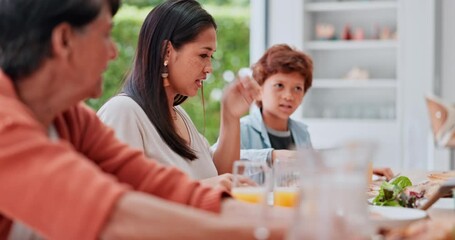 Family, serve and food at table for lunch, party or event with unity, bonding and conversation in home. People, pizza and knife with beverage or support with dinner, nutrition and meal in dining room
