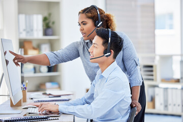 Business people, call center training and computer for manager advice, customer support and feedback in office. Consultant woman, man or agency employees with teamwork, help and online communication