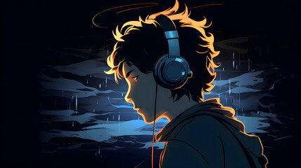 Boy listening to music with headphones, side view, blank and dark background, animation style_Generative AI