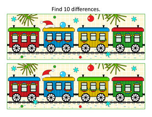 Difference game with winter holidays polar express toy train cars. Find 10 differences picture puzzle.
