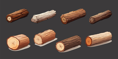 Lumber in cartoon form. Materials made of wood. The trunk and log of a forest tree. Branches that have bark on them. A plank of wood and a stump. Natural carpentry building board made of oak or pine. 
