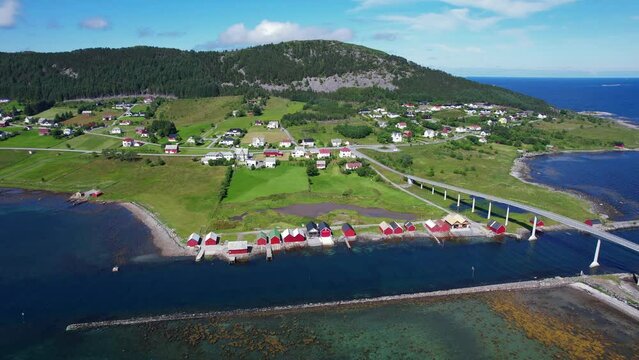 Aerial view of Islands attached by bridges in the Fjords of Norway - Stokksund - Blikkv&aring;gane - Runde - Rem&oslash;ya - Leinoya