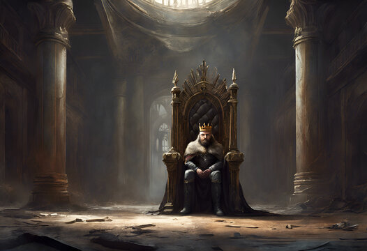 A king sitting in a throne inside a damaged hall