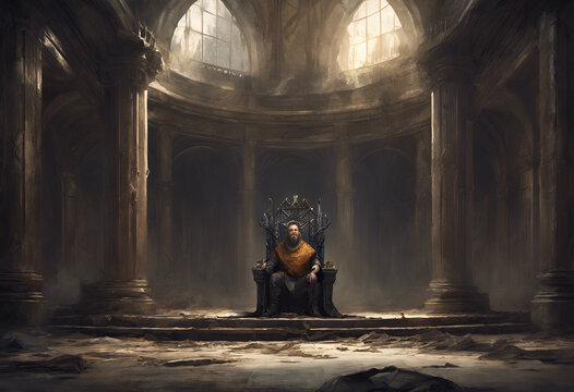 A king sitting in a throne inside a damaged hall