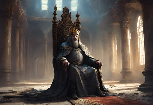 A king sitting in a throne inside a damaged hall