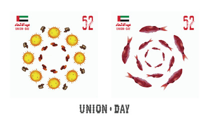 52 UAE National Day. Translated Arabic: Union Day of United Arab Emirates. Greeting Card Illustration. Vector eps 10.