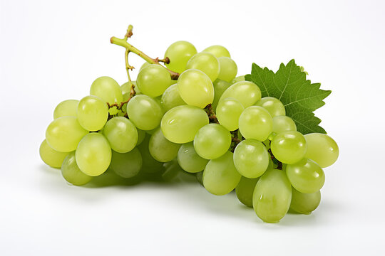  Green grape with leaves isolated on white background