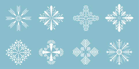 Group of eight snowflakes, Winter set of white snowflakes isolated on light blue background. Snowflake icons. Snowflakes collection for design Christmas concept