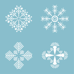 Set of Four snowflakes, Winter set of white snowflakes isolated on light blue background. Snowflake icons. Snowflakes collection for design Christmas