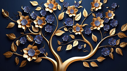  gold and royal blue floral tree with seamless leaves and flowers hanging branches illustration background. 3D abstraction wallpaper for interior mural painting wall art decor. digital painting