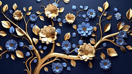  gold and royal blue floral tree with seamless leaves and flowers hanging branches illustration background. 3D abstraction wallpaper for interior mural painting wall art decor. digital painting - obrazy, fototapety, plakaty