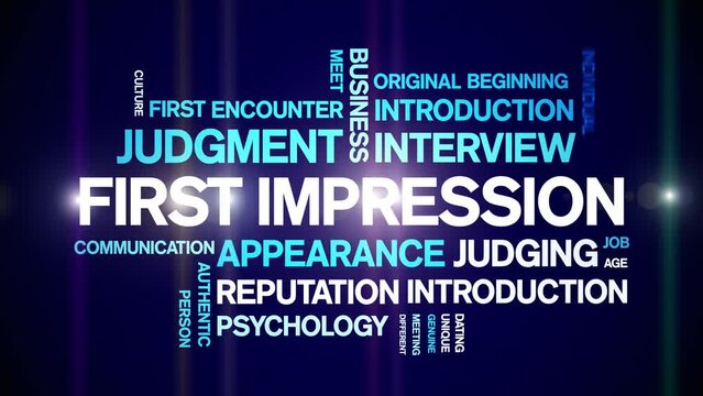 First impressions animated tag word cloud;text design animation kinetic typography seamless loop.