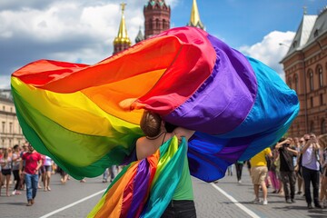 AI people. A gay man winded up in LGBT flag on Red Square in Moscow, Russia. Gays in Russia. Rights of LGBT people. Inclusivity. Pride parade. Freedom. Huge LGBT flag in Moscow - obrazy, fototapety, plakaty