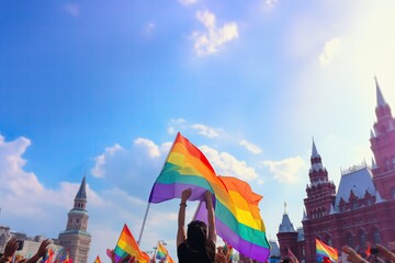 AI art. Russian LGBTQ persons gather together on the Red Square for a demonstration to stand for their rights. A protest in Moscow for rights of gays. Pride. United with LGBT. Waving LGBT flag in Rus - obrazy, fototapety, plakaty