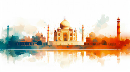 India Republic Day celebration. Taj Mahal watercolor style illustration. Travel destination.