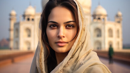 Beautiful native indian woman portrait with Taj Mahal background. India Republic Day. Travel destination.