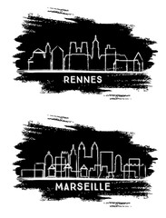 Marseille and Rennes France City Skyline Silhouette set. Hand Drawn Sketch. Business Travel and Tourism Concept with Modern Architecture.