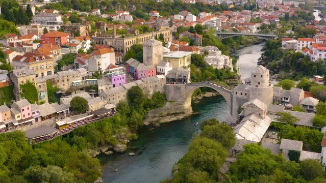 Cityscape of Mostar and its attractions. Aerial view