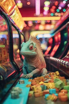 A lizard sitting on a slot machine in front of a colorful background. Generative AI.
