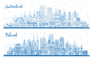 Outline Poland and Switzerland City Skyline set with Blue Buildings. Modern and Historic Architecture. Cityscape with Landmarks. - obrazy, fototapety, plakaty