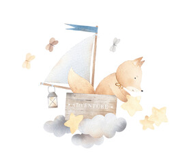 A fox in a boat collects stars. Cute little fox travels among the clouds. Watercolor illustration. Vintage style. Illustration for kids room.