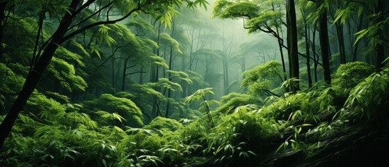 Dense green forest in the fog after the rain