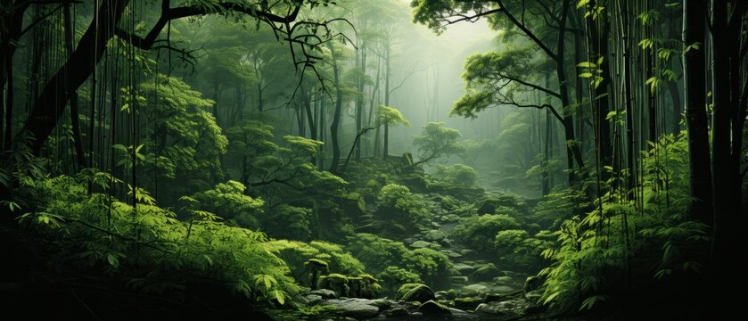 Dense green forest in the fog after the rain
