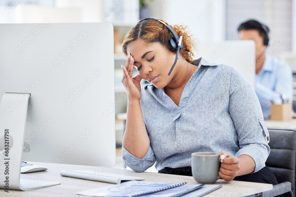 Poster Woman, call center and headache or stress, frustrated and burnout or crisis, tired and fatigue for fail. Black female agent, migraine and exhausted at work, depression and anxiety or drinking coffee