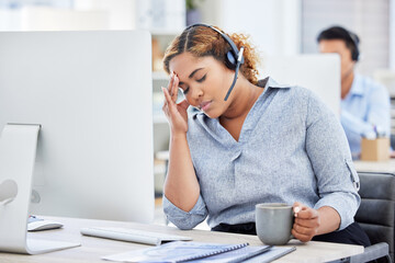 Woman, call center and headache or stress, frustrated and burnout or crisis, tired and fatigue for...