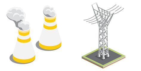 Isometric Cooling Towers and High Voltage Transmission Line. Illustration. Icon Isolated on White Background.
