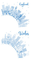 Outline Wales and England City Skyline set with Blue Buildings and Copy Space. Illustration. Concept with Historic Architecture. Cityscape with Landmarks.