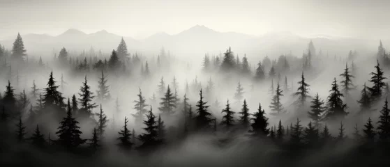Printed kitchen splashbacks Forest in fog Mountain landscape with forest in fog