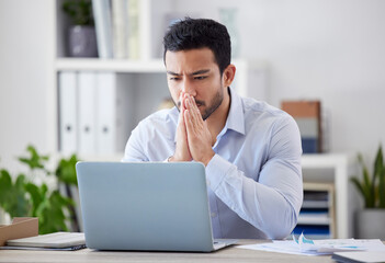 Asian man, serious or laptop with thinking of project proposal, idea or consultant in modern...