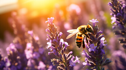 a bee flying over a bunch of lavender flowers - obrazy, fototapety, plakaty
