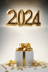 The inscription 2024 with golden balloons and a white gift box with a place for a copy of space. New Year, Christmas concepts.