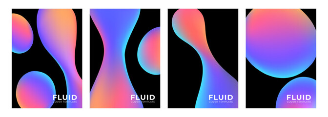 Vibrant gradient fluid shapes. Set of liquid dynamic elements on black background for creative graphic design. Vector illustration.