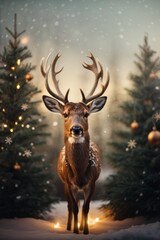 A beautiful New Year's deer on the background of Christmas trees decorated with colorful balloons in winter in the forest during a snowfall.