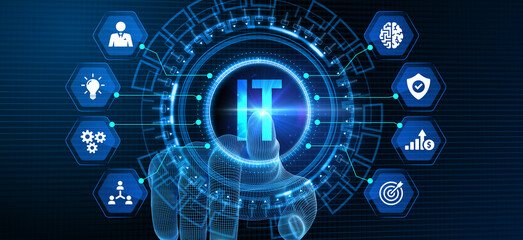IT consultant presenting tag cloud about information technology. 3d illustration