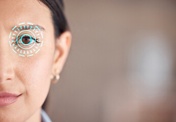 Woman, face and eye scan in cybersecurity, verification or biometrics at office on mockup space. Closeup portrait of female person scanning retina or sight for identity, visual or access at workplace