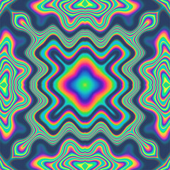Abstract Kaleidoscopic geometric pattern. Hypnotic background in neon psychedelic acid rainbow colors.