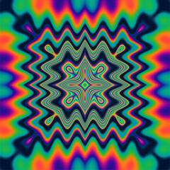 Abstract Kaleidoscopic geometric pattern. Hypnotic background in neon psychedelic acid rainbow colors.