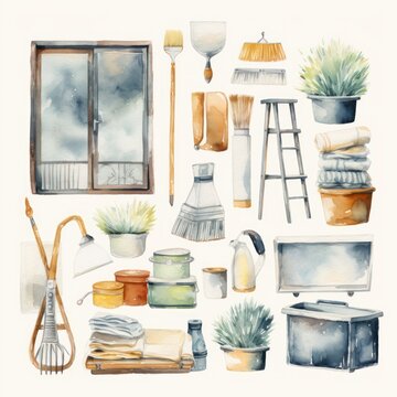Set of garden tools watercolor elements on a white background