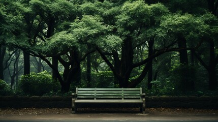 A tranquil green forest and a bench