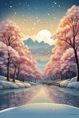 Winter landscape illustration. River, Moon, Trees covered with white snow, High mountains, sky and snowfall in the evening.