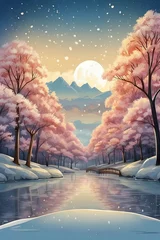 Foto op Plexiglas Winter landscape illustration. River, Moon, Trees covered with white snow, High mountains, sky and snowfall in the evening. © liliyabatyrova