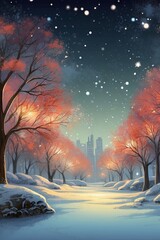 Winter landscape illustration. Trees covered with white snow, city, sky and snowfall in the evening.
