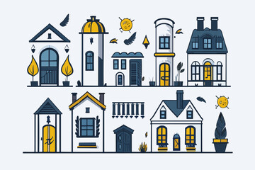 Modern city buildings. City skyscraper building, town houses, business office skyscrapers vector illustration set. Bundle of urban facades, exteriors. Megalopolis downtown architecture, real estate.