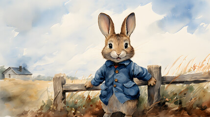 Vintage Watercolor painting of cute easter bunny in the garden standing next to fence