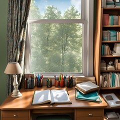 Fototapeta premium a desk in front of the window and a bookshelf with numerous books